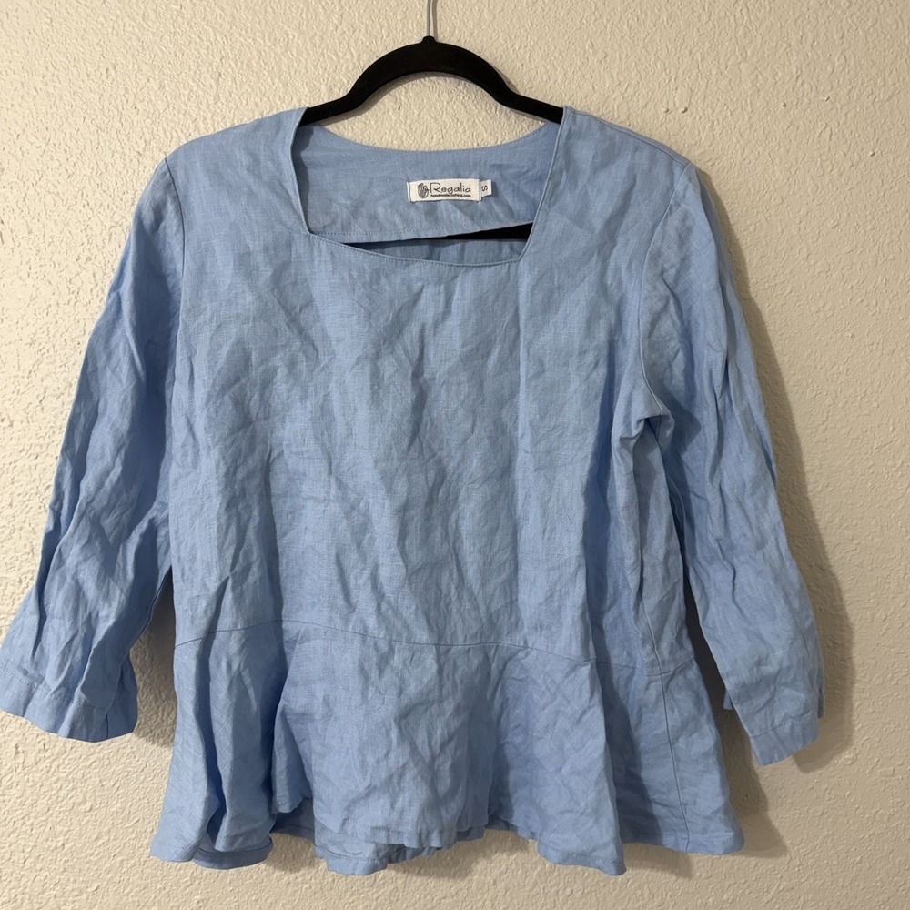 Regalia S Womens 3/4 Sleeve Linen Blouse Blue Lagenlook Beach Summer Resort